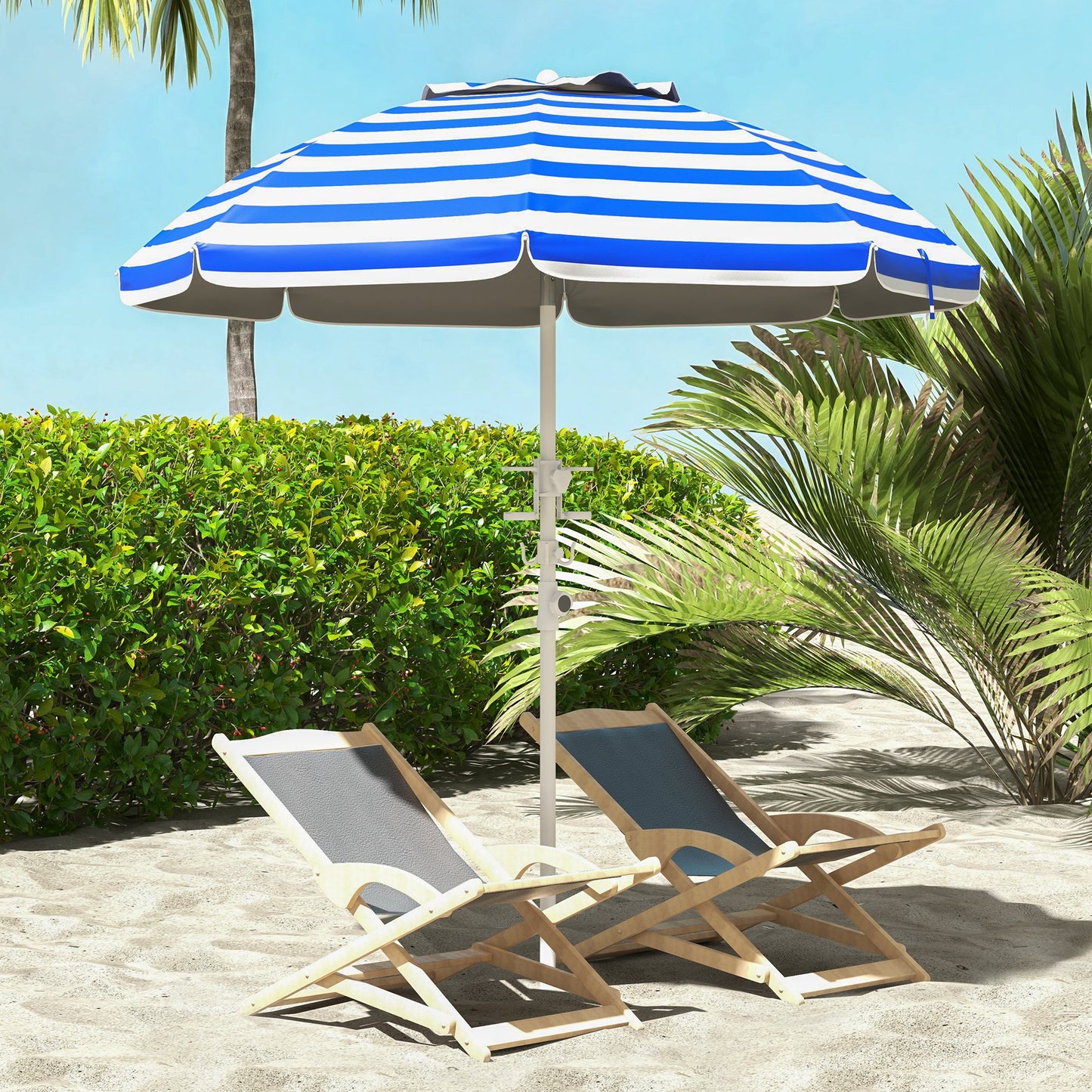 5.7' Beach Umbrella For Travel With Tilt, Adjustable Height, 2 Cup Holders, Hooks, Vent, Ruffles, Blue Stripe
