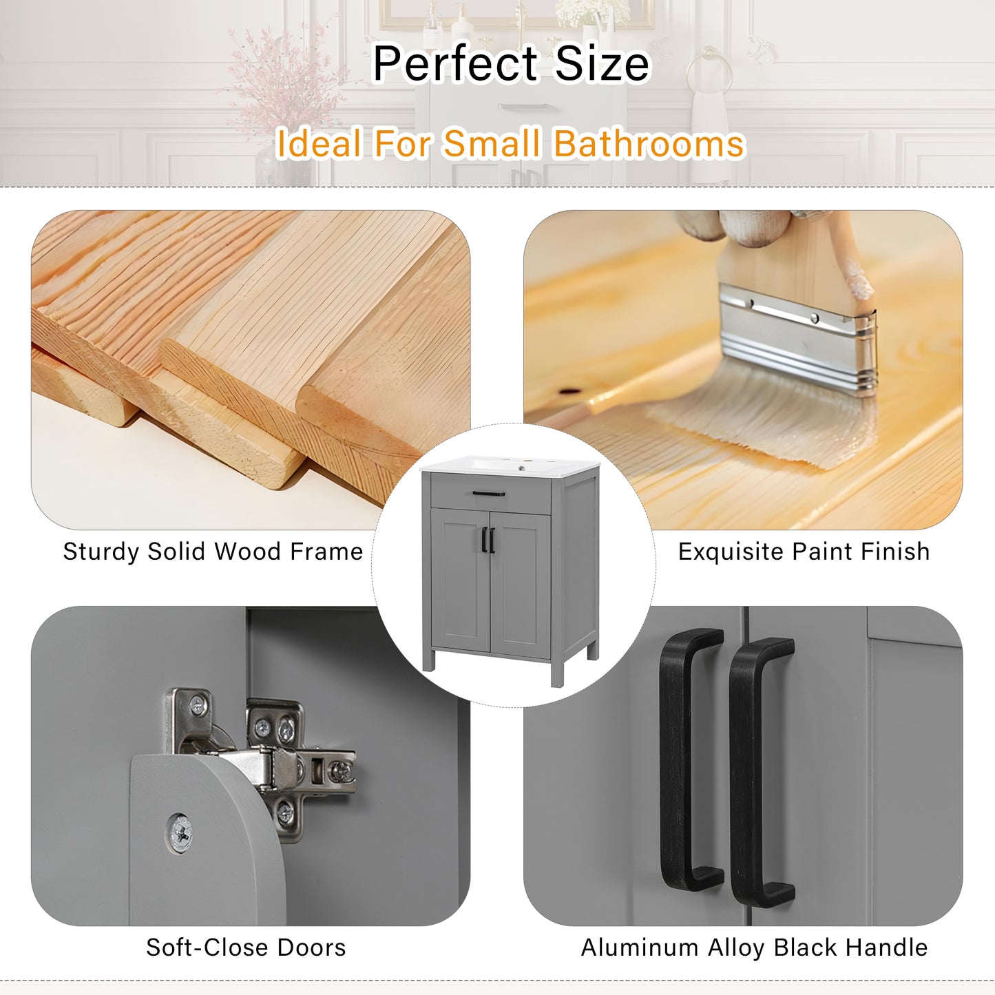 24 Bathroom Vanity Combo With Ceramic Sink, Luxurious Space-Saving Vanity - W24 XD18 XH34 Inch, 2 Soft Close Doors
