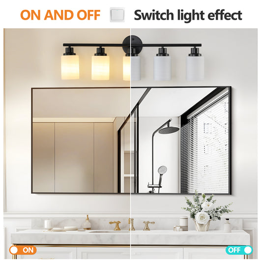 31  Modern 5-Light Vanity Bathroom Mirror Light, Frosted White Glass With Black Iron Frame, Contemporary Wall Sconce For Bedroom, Bathroom, And Dressing Room  Bulb Not Included