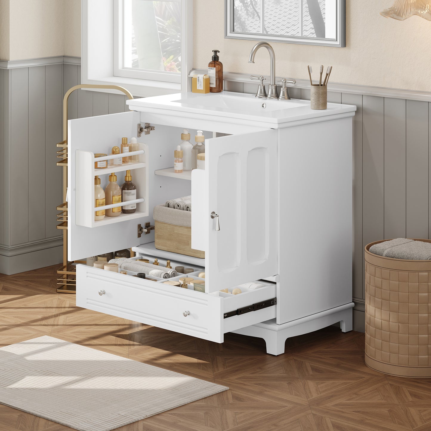30   Bathroom Vanity With Ceramic Sink, Solid Wood Frame Bathroom Sink Cabinet With Adjustable Shelf, Drawer With Divider, Solid Wood Feet