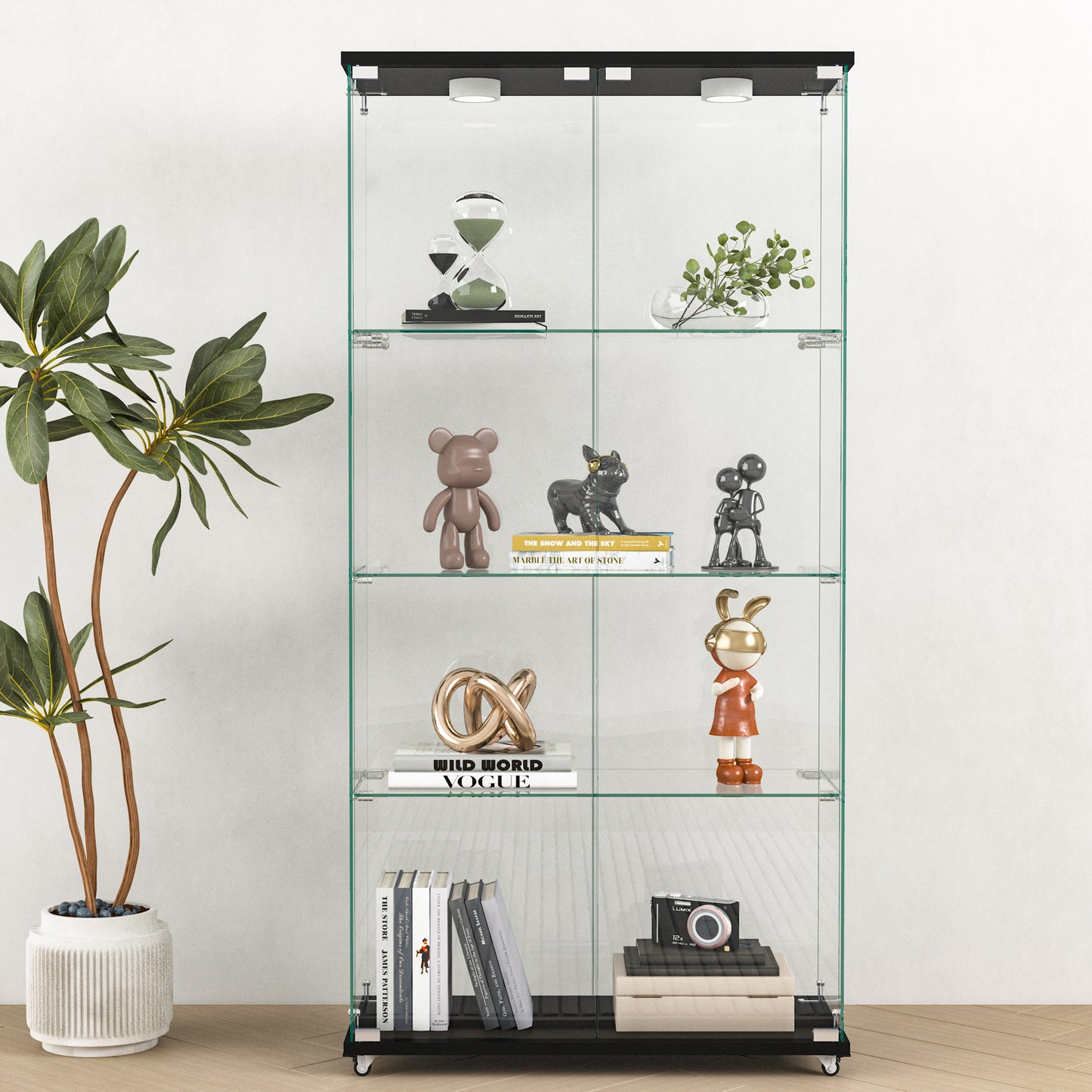 Modern Glass Display Cabinet With LED Lights, Quick-assembly Antique Cabinet, Tempered Glass Bookshelf, Suitable For Living Room And Bedrooms, 2-door 4-shelf, Black