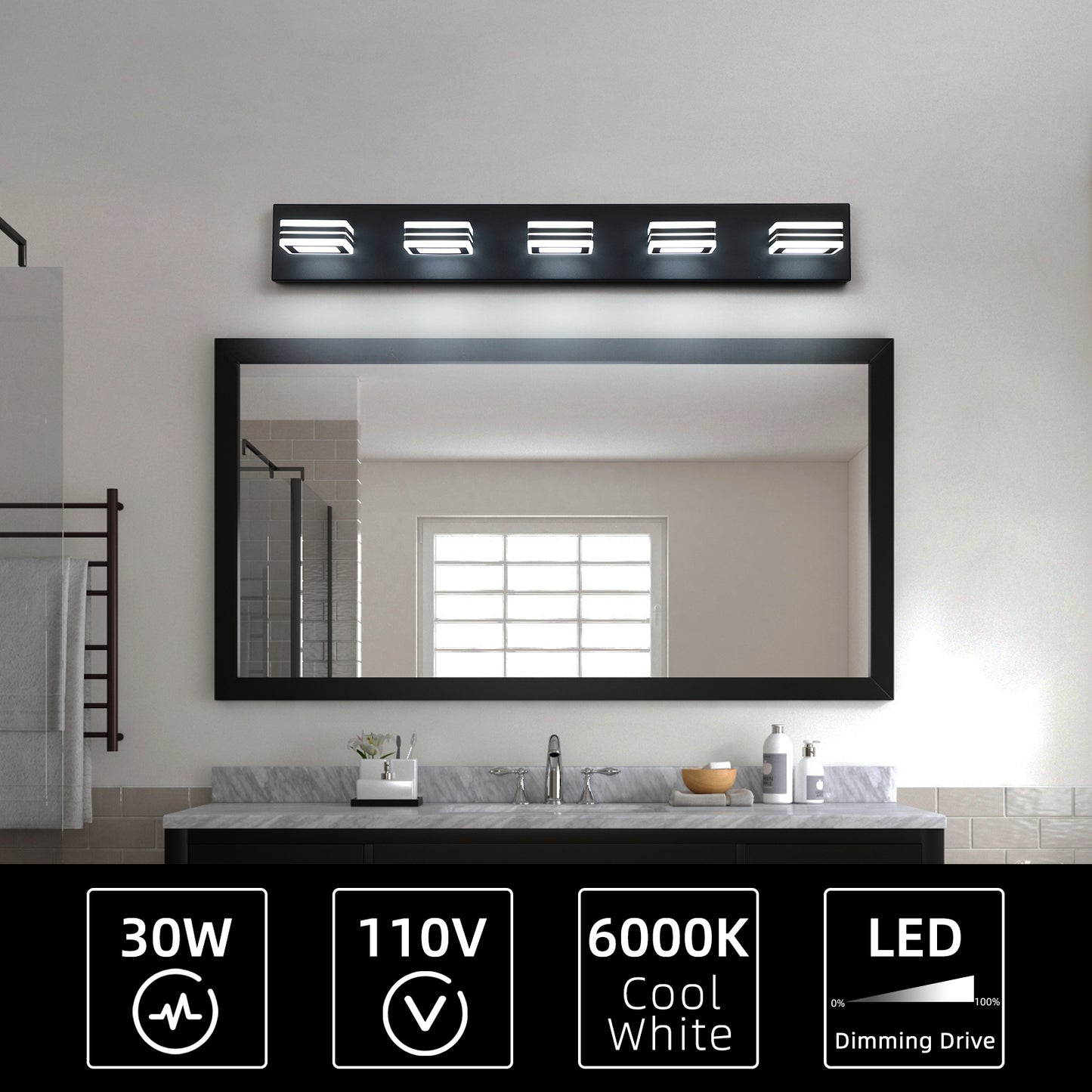32in  Modern Black 5-Light LED Vanity Light, Square Acrylic Lampshades Wall Mount Fixture For Bathroom, Mirror Lighting