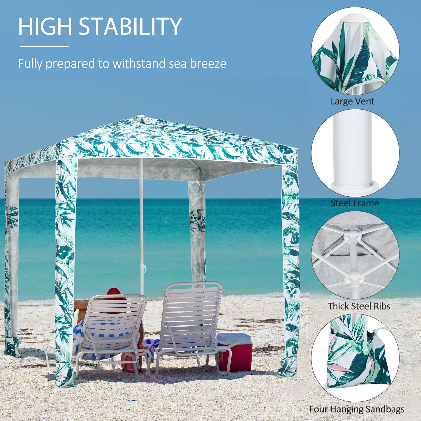 Quick Beach Cabana Canopy Umbrella, 6.5' Easy-Assembly Sun-Shade Shelter With Sandbags And Carry Bag, Cool UV50+ Fits Kids & Family, Green Coconut Palm
