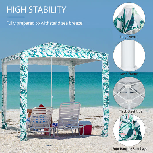 Quick Beach Cabana Canopy Umbrella, 6.5' Easy-Assembly Sun-Shade Shelter With Sandbags And Carry Bag, Cool UV50+ Fits Kids & Family, Green Coconut Palm