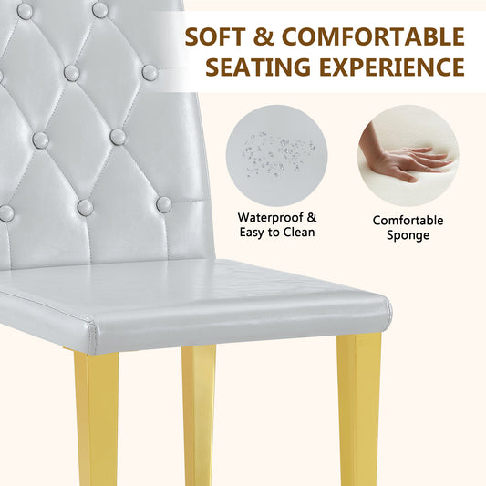4-piece Set Of Light Grey PU Dining Chairs,Ergonomically Designed Buckle Backrest, 35 Inches High, Gold Metal Legs, Combining Comfort And Texture.Suitable For Family Restaurants, Banquet Hall, Etc.