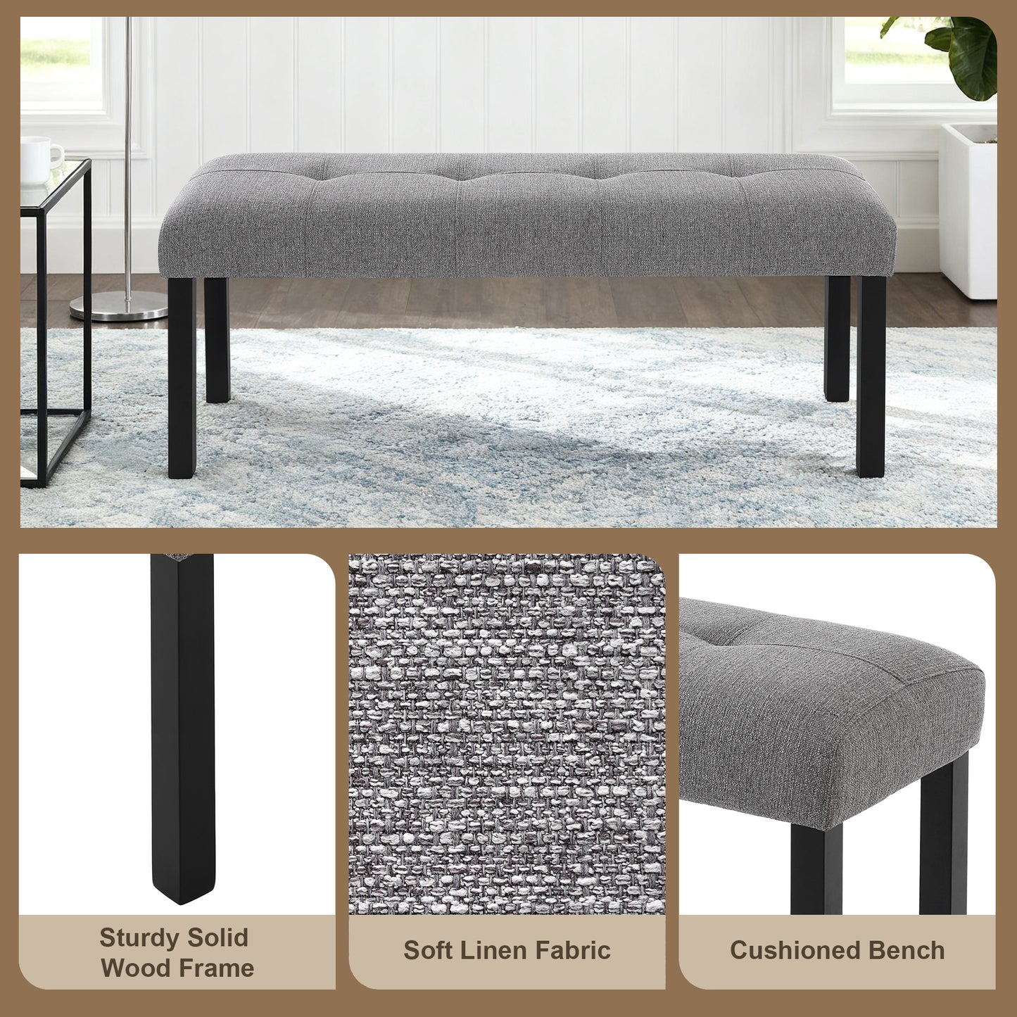 Modern Tufted Linen Dining Bench, Farmhouse Upholstered Entryway Bench With Black Rubber Wood Legs, Versatile For Kitchen, Bedroom, Hallway, Gray