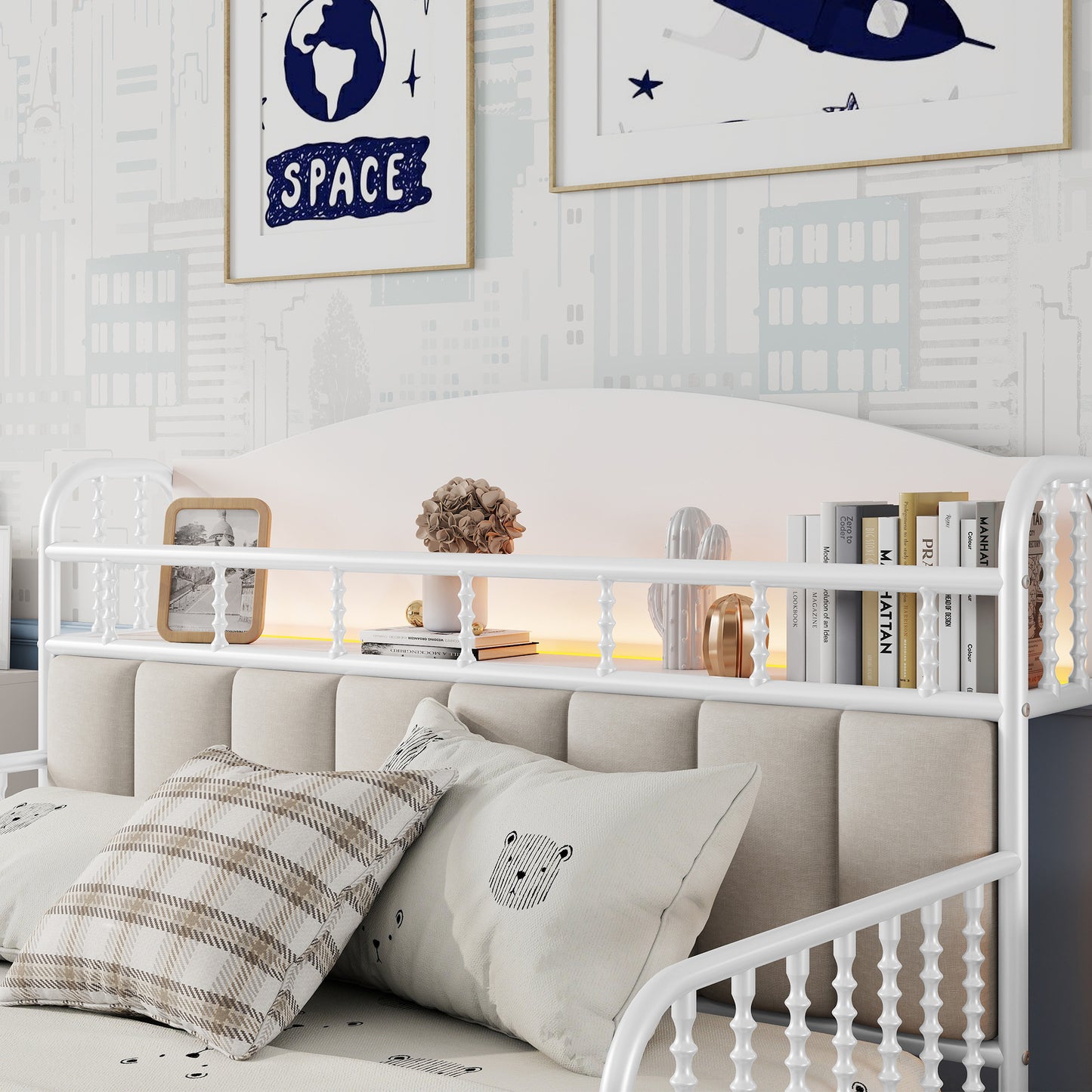 Full Size Metal Platform Bed Frame With Light, Kids Full Metal Bed With Upholstered And Storage Headboard, White Expect Arrival Date 2025 10 5