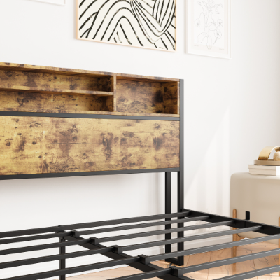 Full Size Bed Frame With Storage Headboard, Metal Platform Bed With Charging Station, Bookcase Storage, No Box Spring Needed, Easy Assembly, Noise-Free, Black