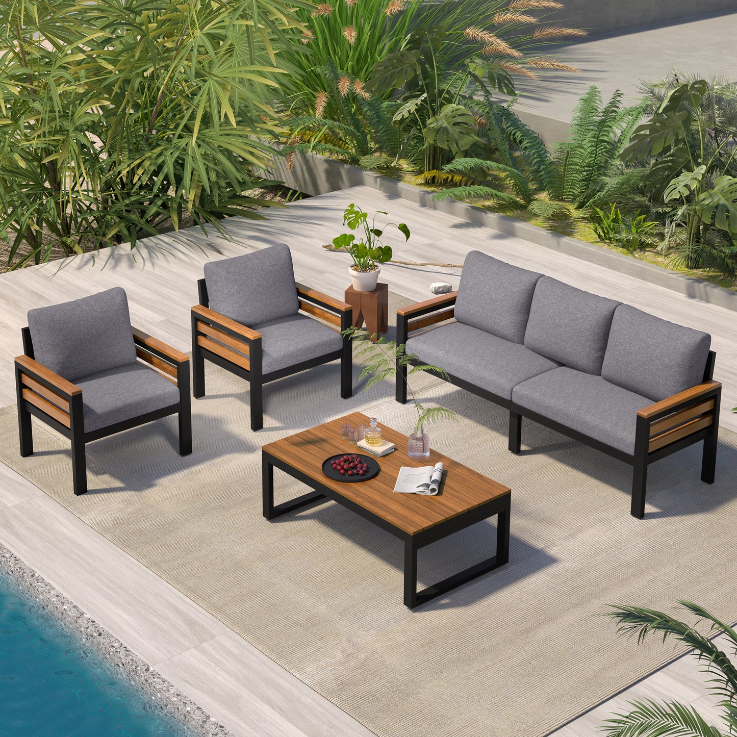 GO 4-Piece Outdoor Furniture Sofa Set For 5 People With  Acacia Wood Armrests, Patio Conversation Set With Removable Cushion And Solid Wood Coffee Table  For Garden, Grey