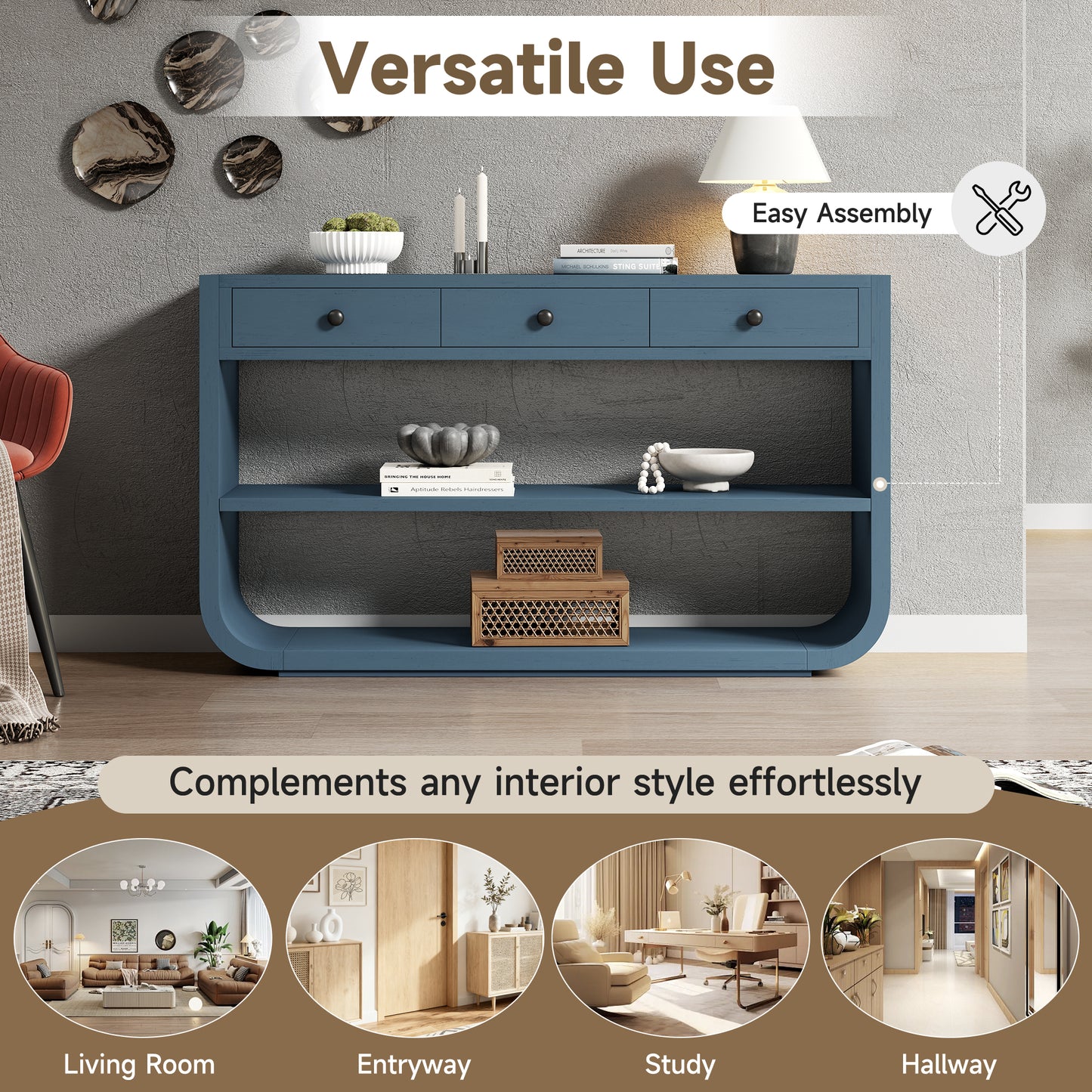 Video  Modern Curved Console Table With 3 Soft-Close Drawers & 2 Open Shelves, Solid Wood Base, Entryway Table For Living Room Hallway Study, Blue