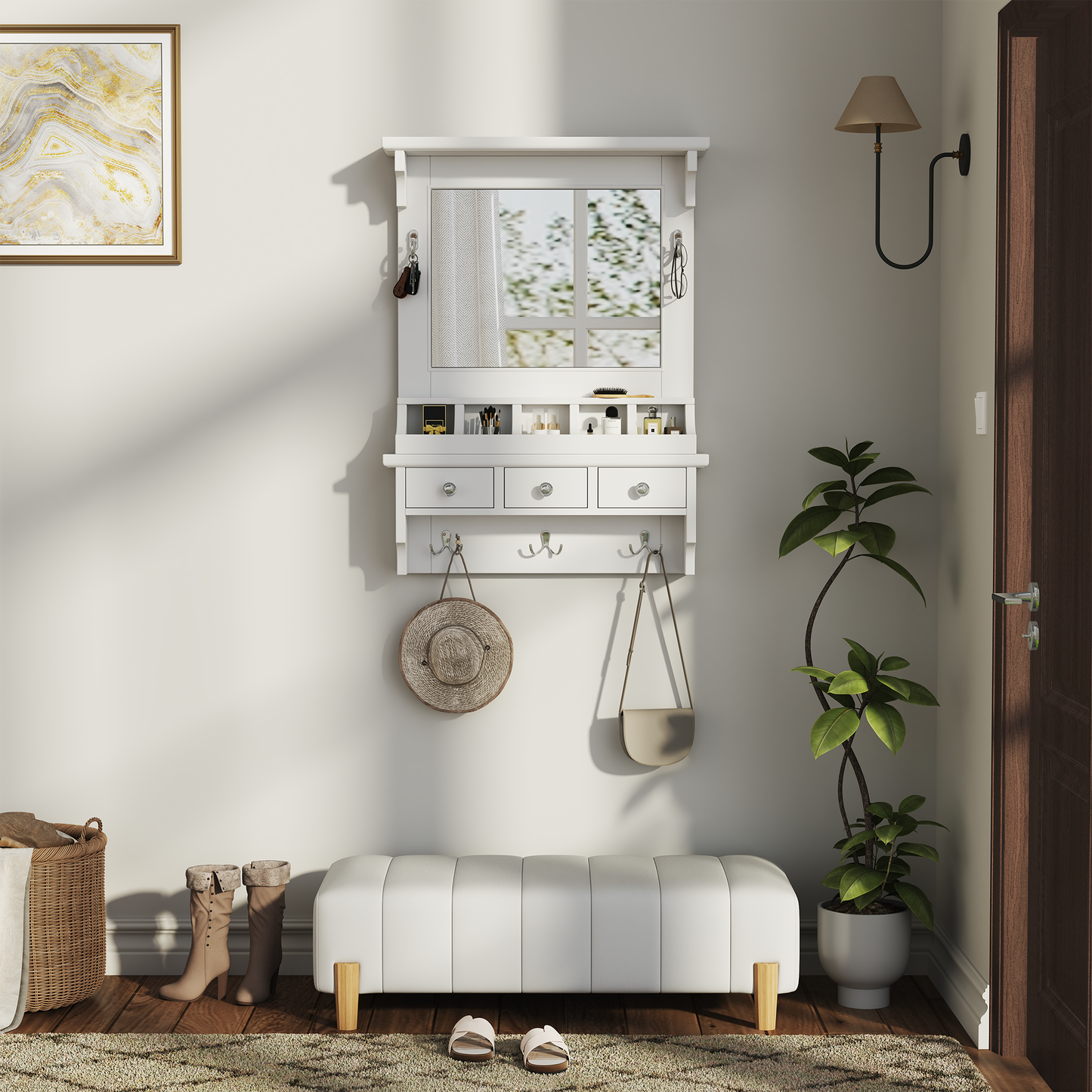 Floating Makeup Vanity With Big Mirror, Wall-Mounted Storage Vanity With Drawers, Pockets & Hooks, Space-Saving Decorative Home Organizer For Small Space, White