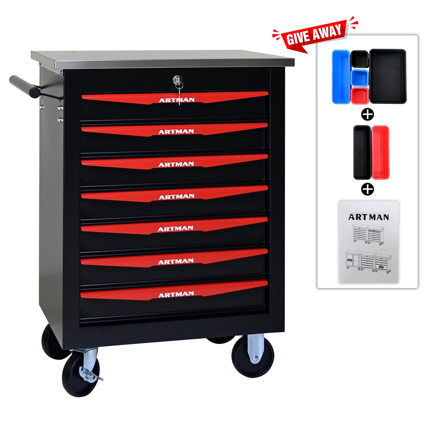 7 Drawers Multifunctional Tool Cart With Wheels,Metal Rolling Tool Cart Storage For Garage Workshop Warehouse Repair Shop--With Stainless Steel Roof- BLACK&RED