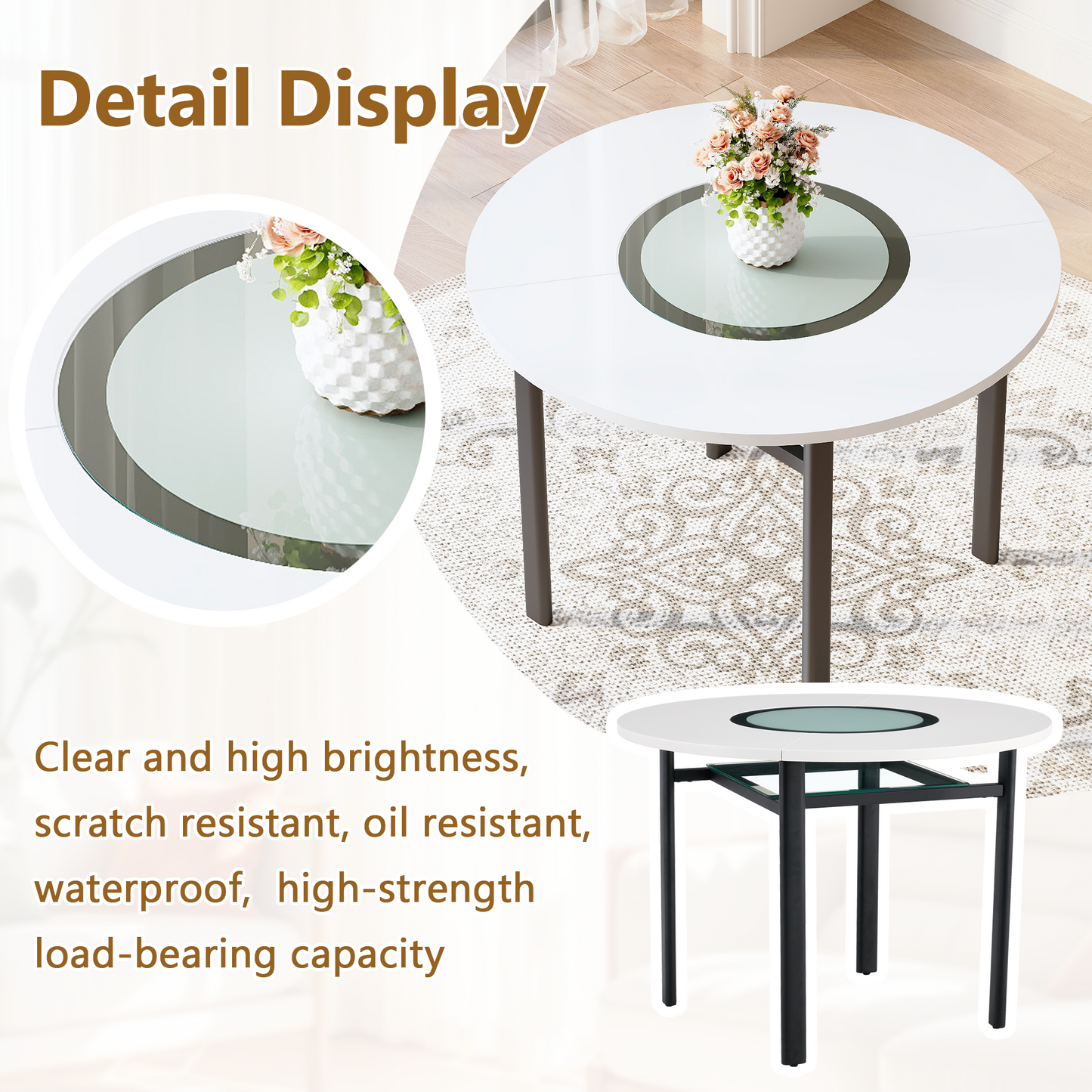 42 Inch Modern Minimalist White Desktop Round Dining Table Suitable For 4-6 People   Gray Glass Inlay  Metal Stable Bracket, Suitable For Multiple Scenarios  .