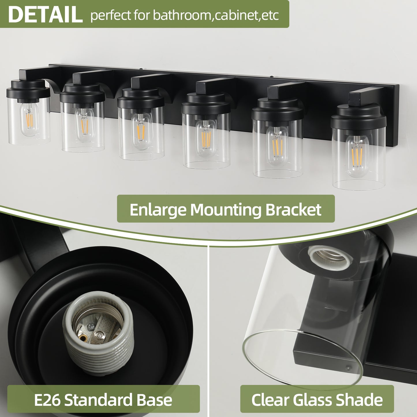 6 Light Bathroom Light Fixtures Over Mirror Bathroom Vanity Light, Black Vanity Lights With Clear Glass Shade, Modern Bathroom Light Fixtures For Bedroom, Hallway Bulbs Not Included