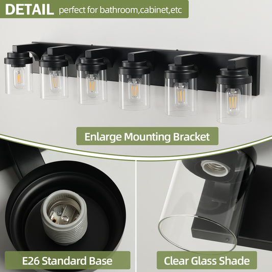 6 Light Bathroom Light Fixtures Over Mirror Bathroom Vanity Light, Black Vanity Lights With Clear Glass Shade, Modern Bathroom Light Fixtures For Bedroom, Hallway Bulbs Not Included