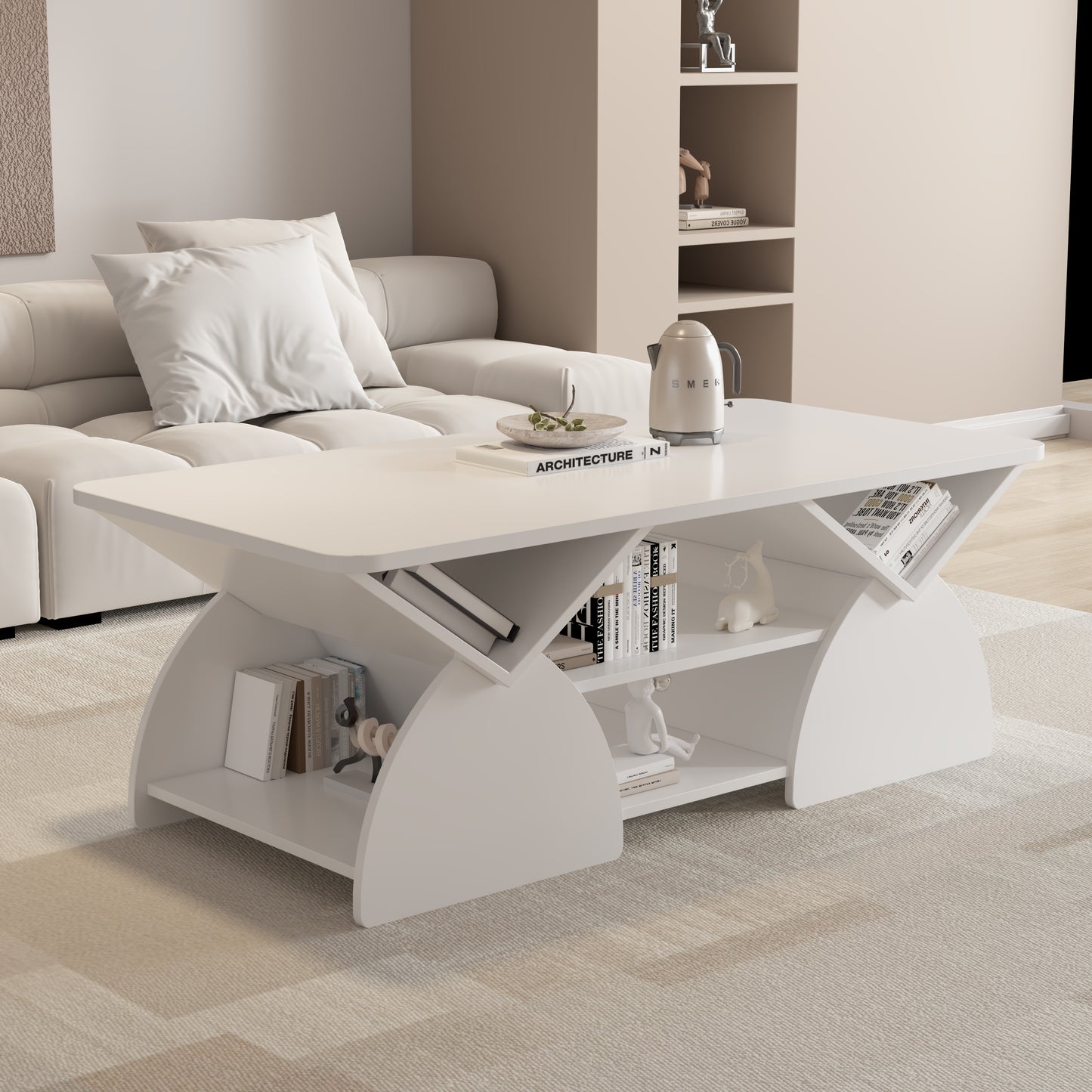 Engineered Wood Rounded Corner Rectangular Coffee Table For Living Room, Easy Assembly Storage Table With Open Shelves Sturdy Frame For Reception Room, Modern Coffee Table Geometric Design White