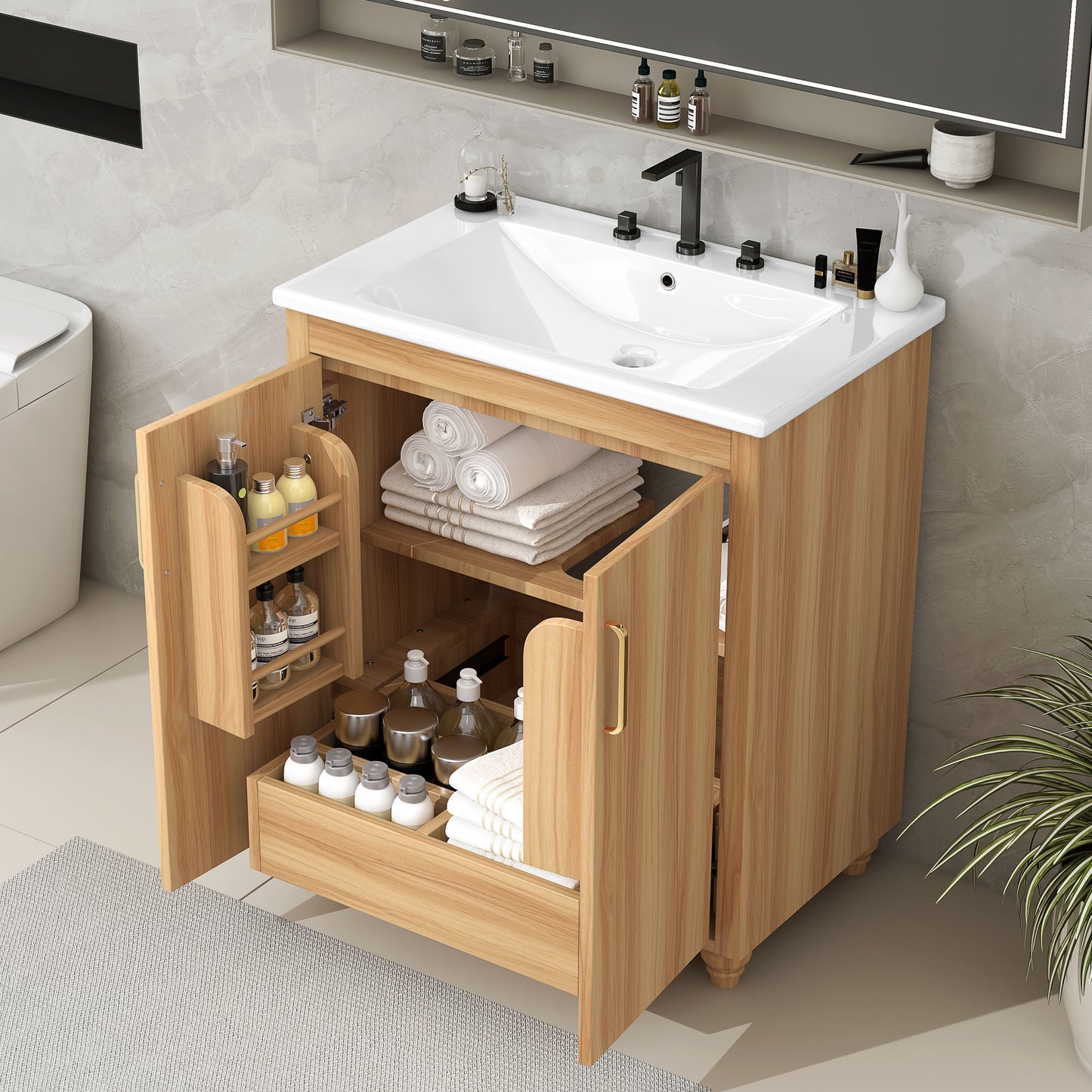 30 Bathroom Vanity With Sink Combo, Multi-functional Bathroom Cabinet With Doors And Drawer,  MDF Board, Natural