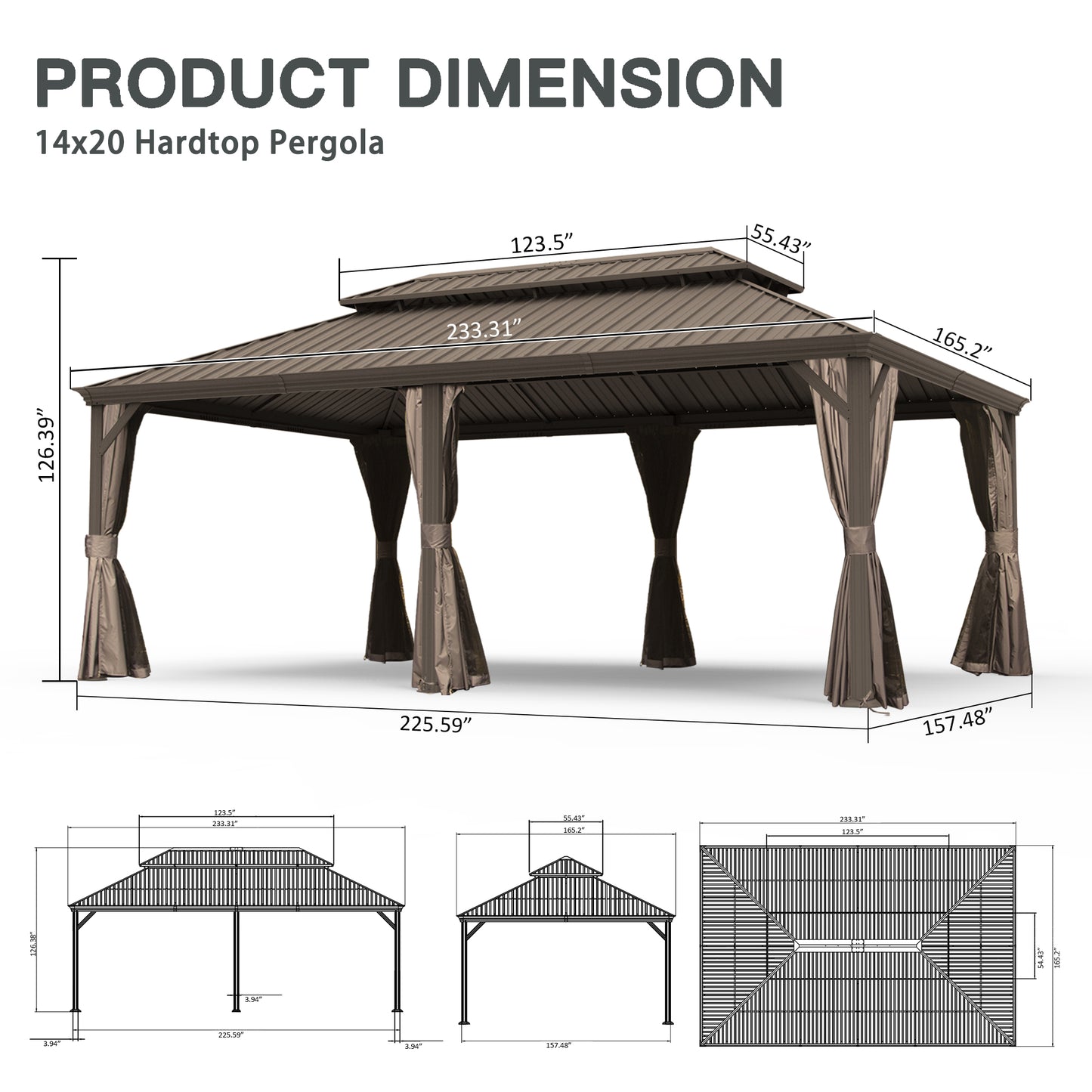 14  X 20  Hardtop Gazebo, Upgraded Metal Gazebo With Drainage System, Dual-Layer Galvanized Steel Roof, Curtain And Netting, Outdoor Shelter Canopy For Patio, Garden, And Backyard, Brown