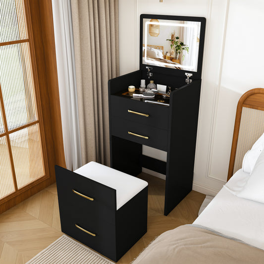 3 In 1 Vanity Desk With Open Top Mirror,Small Make Up Vanity Set With Visible Glass Desktop,Compact Makeup Vanity With 3 Drawers,Dressing Table For Bedroom  Black