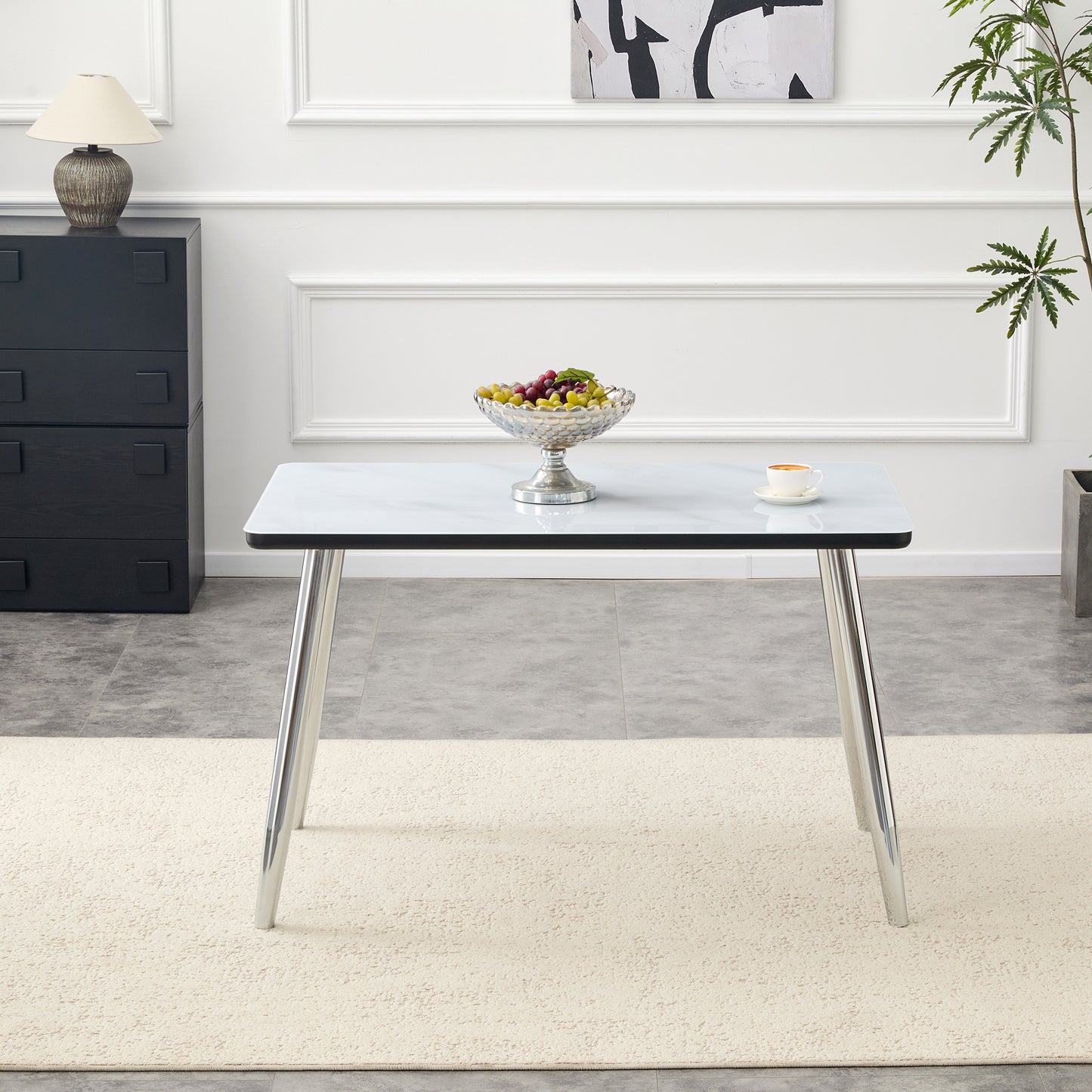 Modern Minimalist Rectangular Dining Table,suitable For 4-6 People.Tempered Glass Countertop Lower MDF Board,imitation Marble Texture,silver Metal Tapered Legs.Suitable For Minimalist Restaurants.