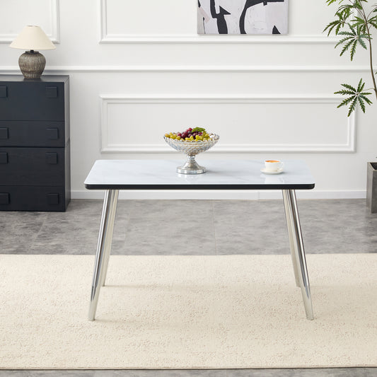 Modern Minimalist Rectangular Dining Table,suitable For 4-6 People.Tempered Glass Countertop Lower MDF Board,imitation Marble Texture,silver Metal Tapered Legs.Suitable For Minimalist Restaurants.