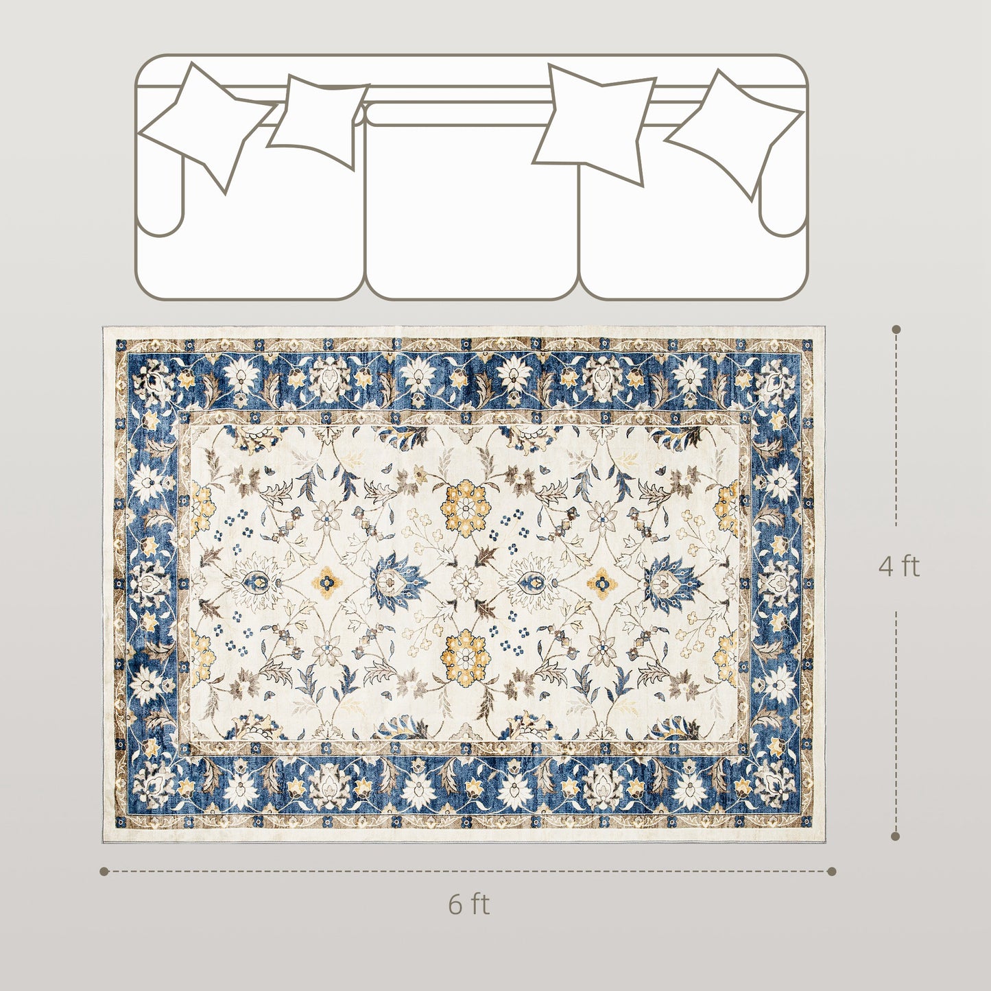 Machine Washable Area Rug 4x6, Non-Slip Boho Floral Print Floor Carpet For Living Room, Bedroom, Dining Room, Blue