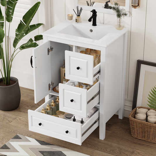 24 Inch Bathroom Vanity With Sink, One Cabinet With Soft-closing Door, 3 Soft-closing Drawers, Retro Metal Handles, White