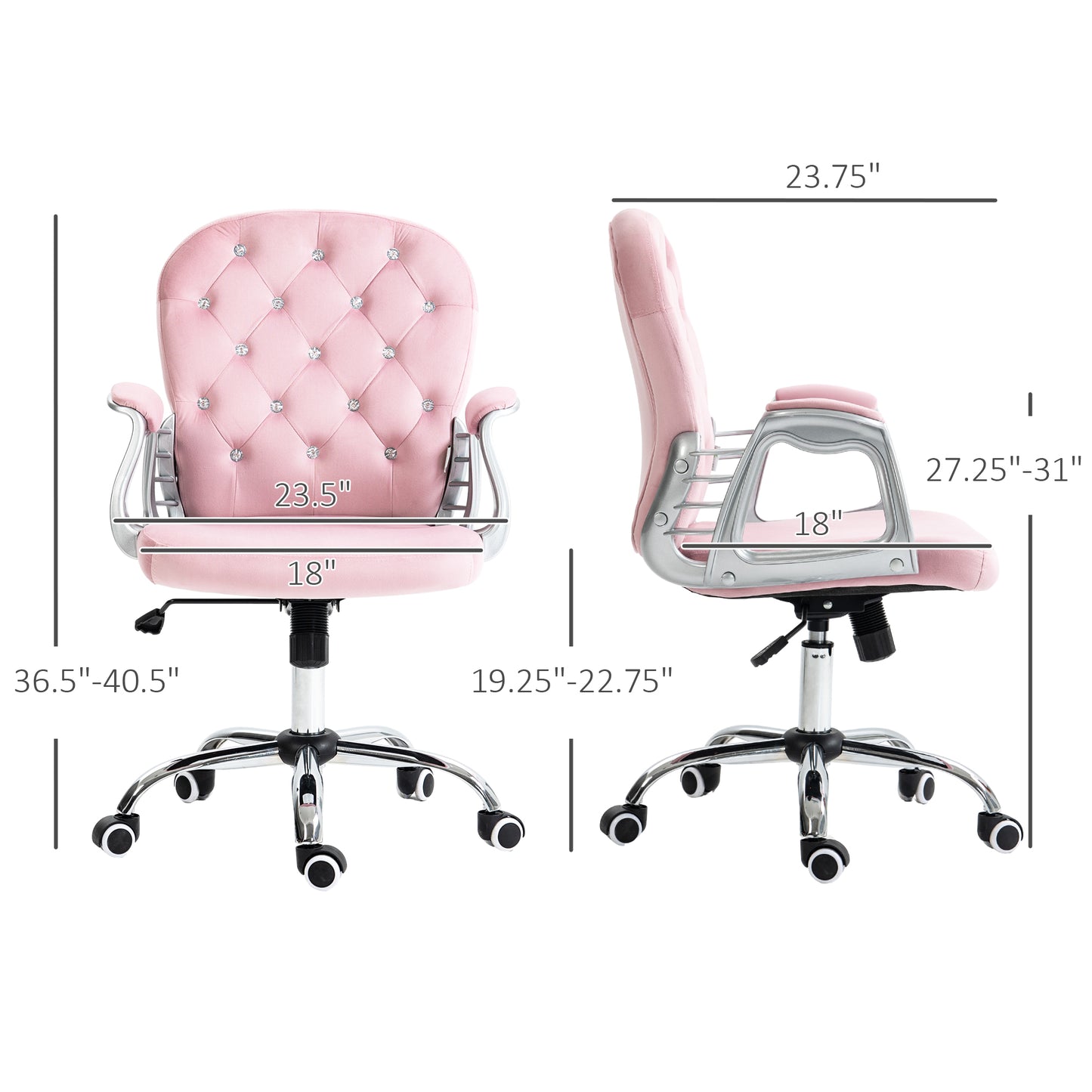 Button Tufted Desk Chair, Home Office Chair With Padded Armrests, Adjustable Height And Swivel Wheels, Pink