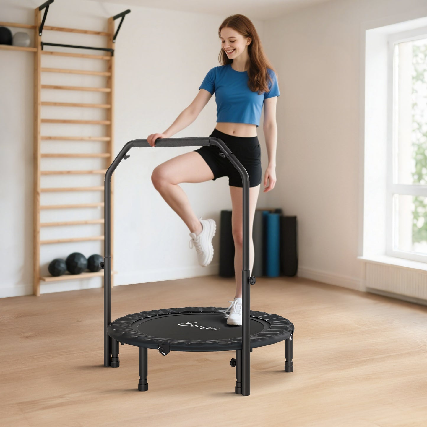 40" Foldable Mini Trampoline, Rebounder Trampoline For Adults With Adjustable Foam Handle, Black