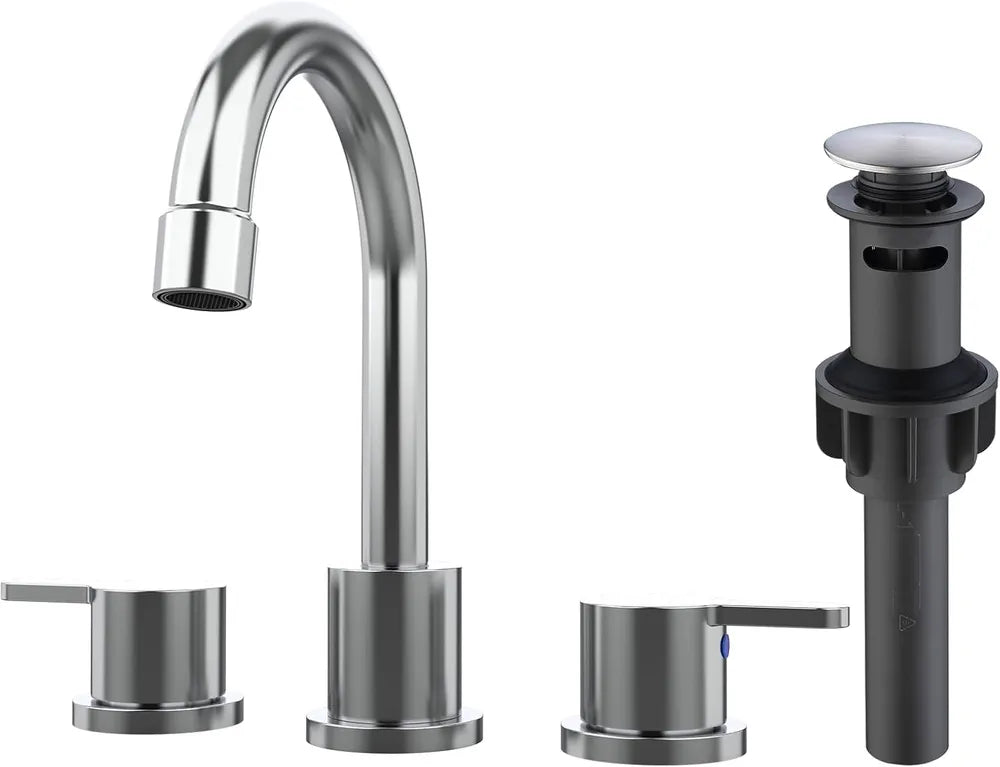 Widespread Bathroom Sink Faucet Chrome 2 Handle 8 Inch 3 Hole 360' Swivel Spout Vanity Sink With Pop Up Drain Assembly-Unable Ship On Weekends, TK And TEMU Only For Pickup