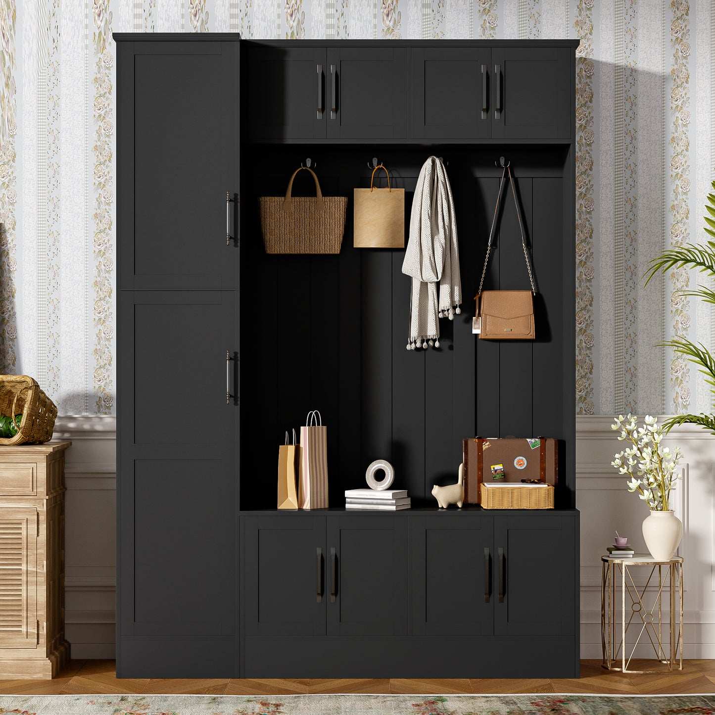 VIBE HAUS 79  Tall Modern Hall Tree With Shoe Storage, 4-in-1 Entryway Bench With 6 Cabinets, 4 Coat Hooks & Adjustable Shelf For Hallway, Living Room, Black