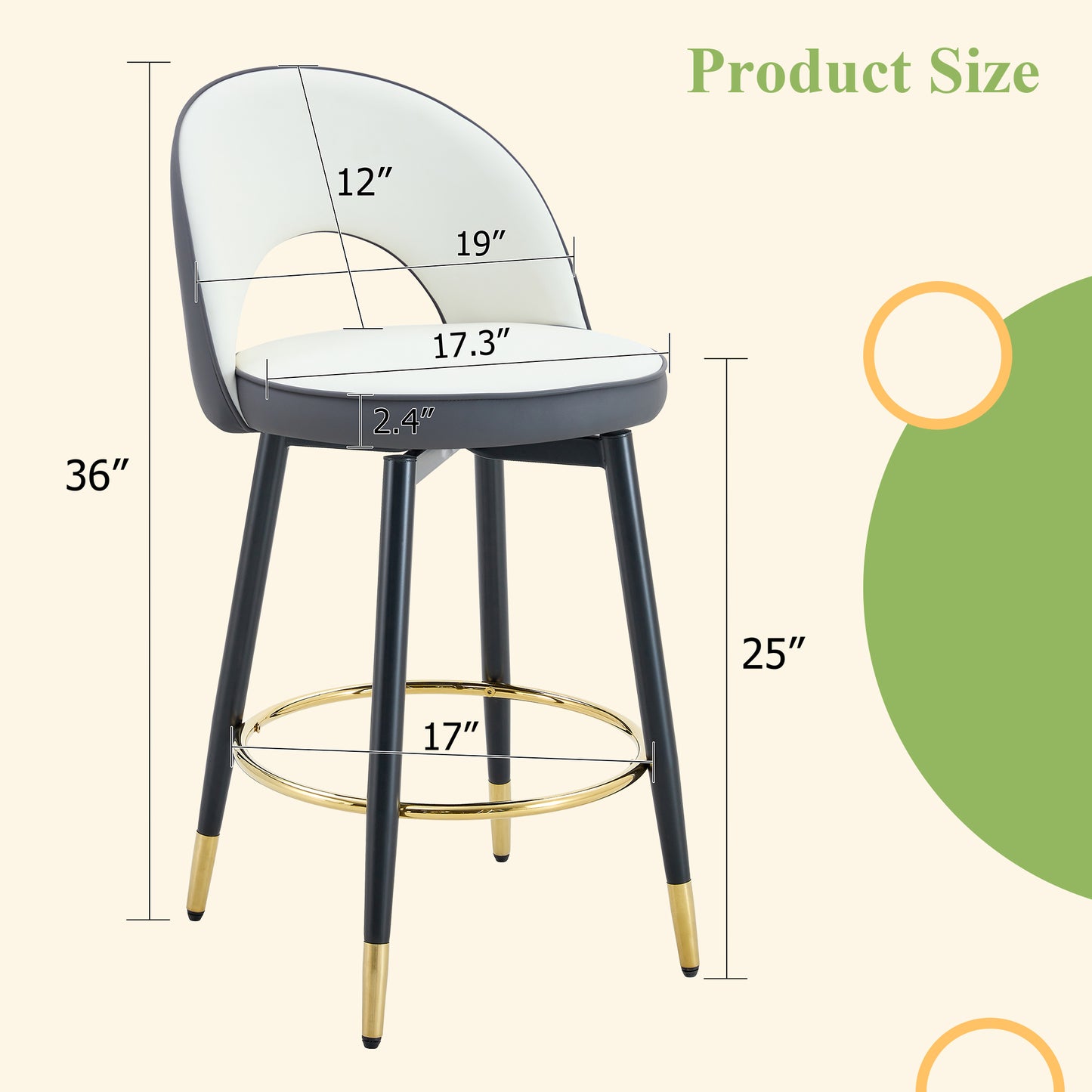 360  Rotatable Bar Chair.Modern White And Dark Gray Spliced Color PU Comfortable Upholstered Bar Chair With Smooth And Beautiful Black Metal Legs For Dining Room, Kitchen, Terrace.Set Of 2.