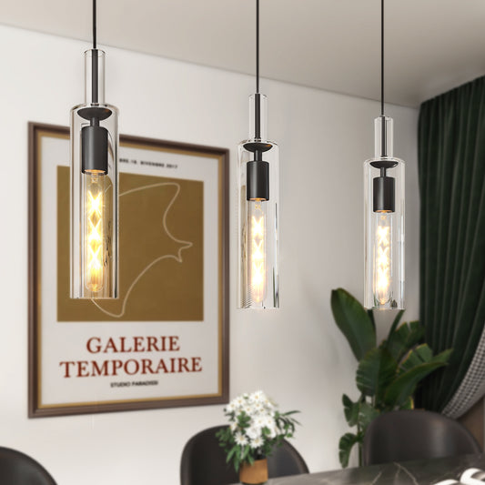 3 Pack Black Pendant Lights Kitchen Island  No Bulbs  Adjustable Modern Glass Pendant Light Over Island, Industrial Pendant Light Fixtures For Dining Room Hallway Bedroom Living Room