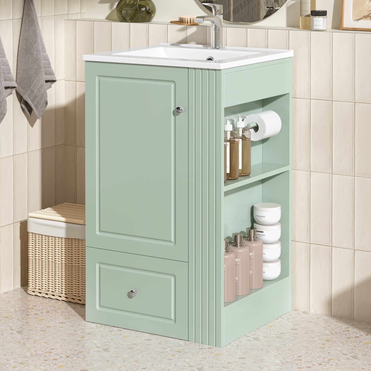 20  Freestanding Bathroom Vanity With Ceramic Sink, Single Faucet Hole, MDF Storage Cabinet With Soft-Close Drawer, Open Side Shelves With Pinewood Towel Bar, Modern Small Bathroom Vanity For Compact