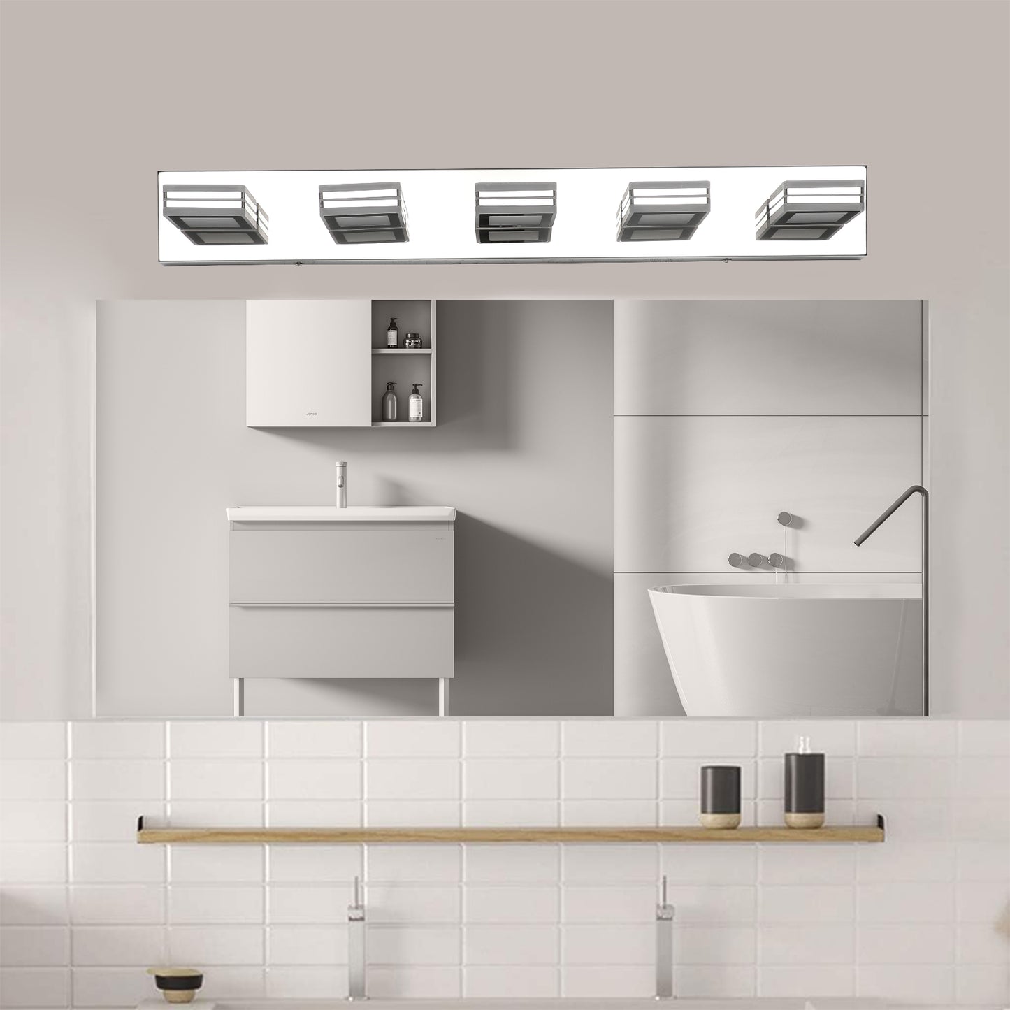 32in  Modern Chrome 5-Light LED Vanity Light, Square Acrylic Lampshades Wall Mount Fixture For Bathroom, Mirror Lighting