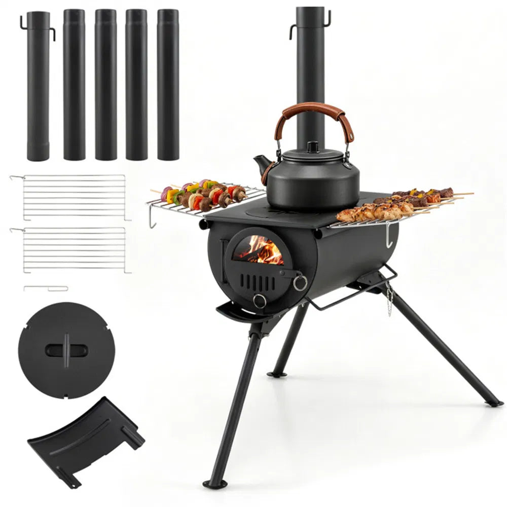 Portable Foldable Wood Burning Tent Stove With 5 Sections Chimney, Heavy Duty Carbon Steel Camping Stove With View Window & Cooking Racks For Outdoor Hunting Camping