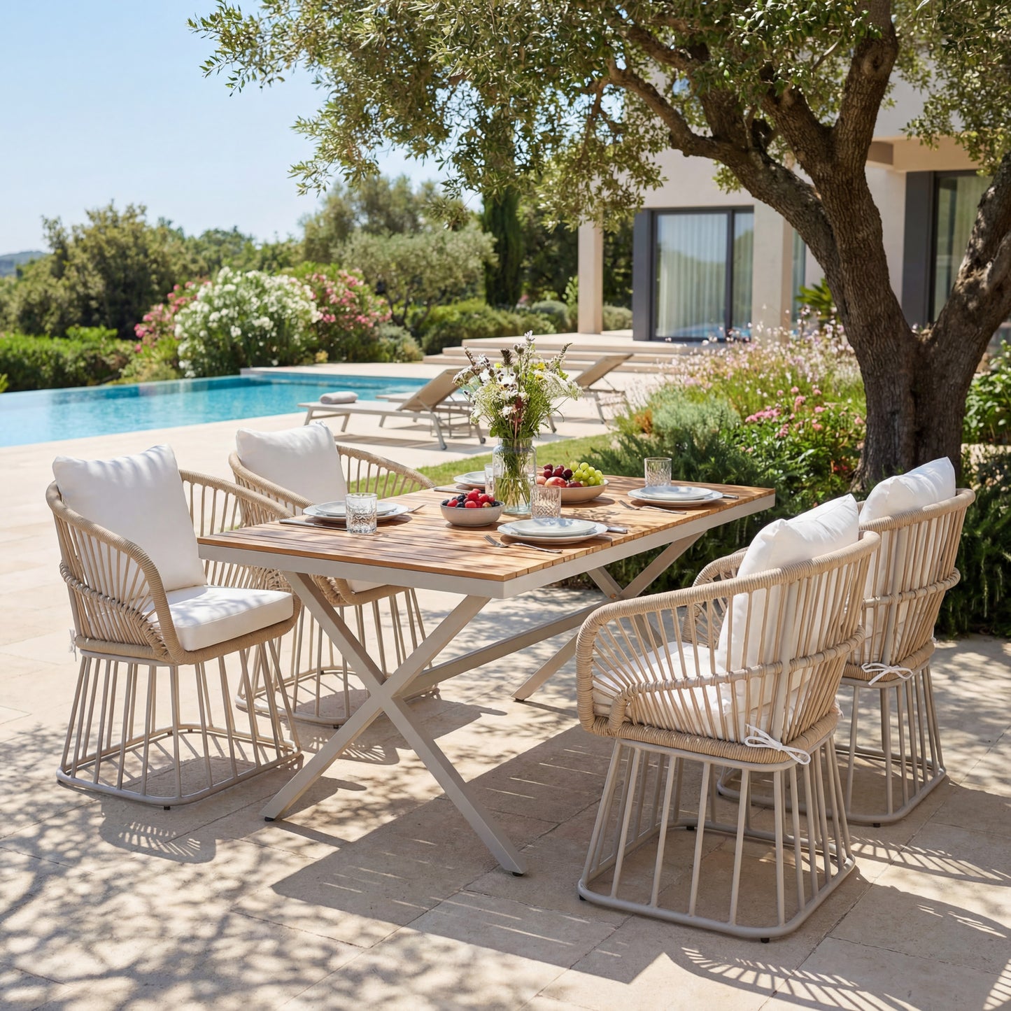 Outdoor 5-Piece Dining Set - Rectangular Teak Wood Table   4 Wicker Chairs With Cushions, Beige Steel Frame, Teak Finish,Perfect For Patio, Deck, Or Garden