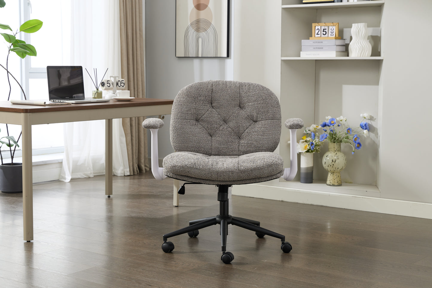 Cross Legged Chair With Flip-up Armrests, Comfy Swivel Chairs With Wide Seat For Women, Adjustable Makeup Vanity Chair For Apartment, Home, Office,Grey.