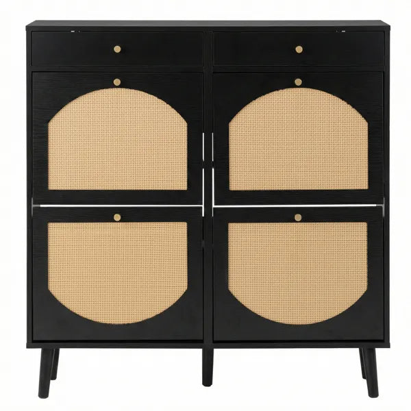 Rattan Shoe Cabinet With 2 Drawers And 4 Flip-tops, Made Of Particleboard, 105*24*110cm, Black