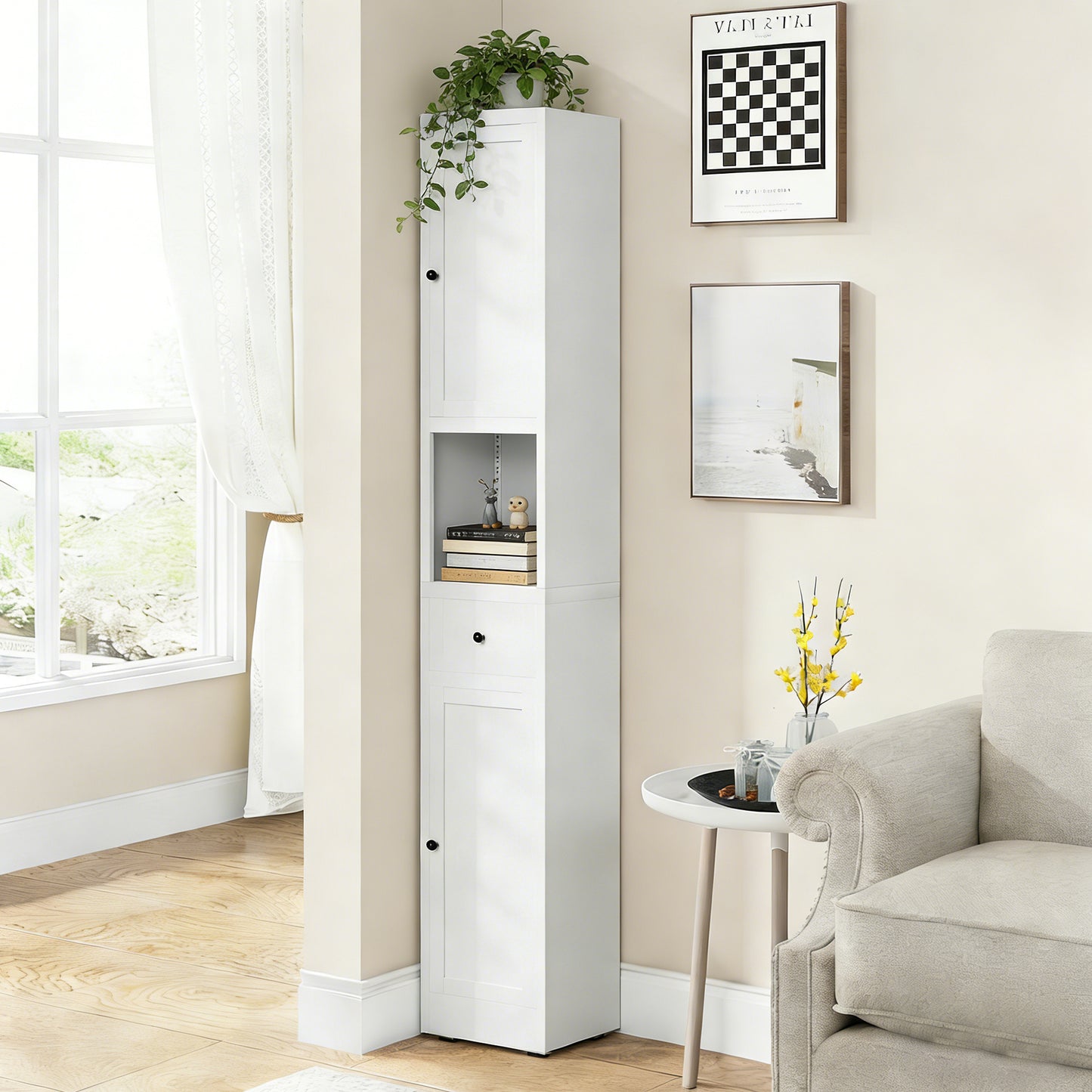 71 Inch Tall Bathroom Storage Cabinet, 5-Tier Narrow Metal Cabinet With 2 Doors & Adjustable Shelves, Freestanding Cabinet For Space Saving In Kitchen, Laundry Room, Pantry, White