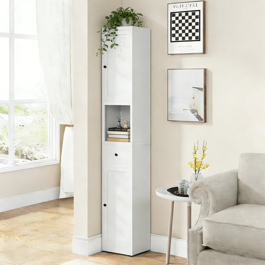 71 Inch Tall Bathroom Storage Cabinet, 5-Tier Narrow Metal Cabinet With 2 Doors & Adjustable Shelves, Freestanding Cabinet For Space Saving In Kitchen, Laundry Room, Pantry, White