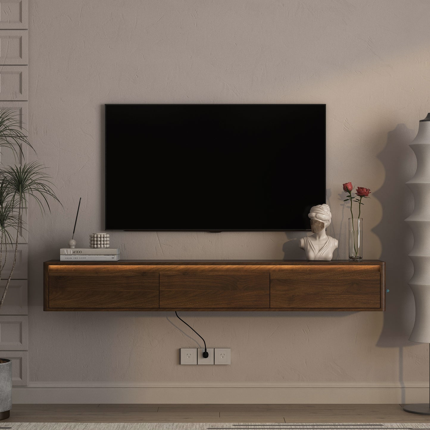 Floating TV Stand, Wall Mounted TV Shelf With Led Lights & Power Outlet, Cabinet For Wood Tv Stands For Living Room