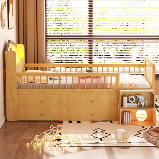 Low Loft Bed With LED Lights, Wooden Twin Loft Bed With House Shape Headboard, Kids Loft Bed With Storage Drawers, Natural Expect Arrival Date 2025 1 20