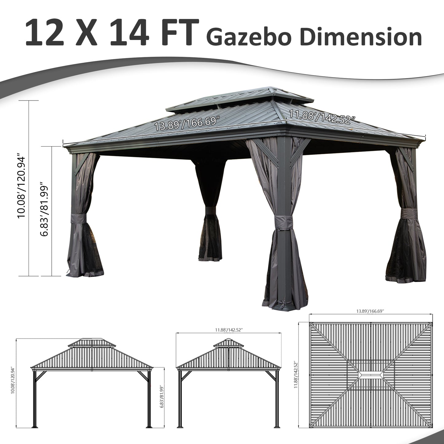 12  X 14  Hardtop Gazebo, Upgraded Metal Gazebo With Drainage System, Dual-Layer Galvanized Steel Roof, Curtain And Netting, Outdoor Shelter Canopy For Patio, Garden, And Backyard, Grey
