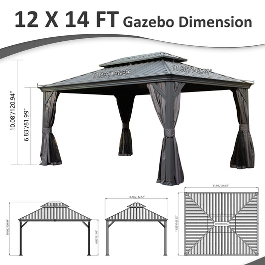 12  X 14  Hardtop Gazebo, Upgraded Metal Gazebo With Drainage System, Dual-Layer Galvanized Steel Roof, Curtain And Netting, Outdoor Shelter Canopy For Patio, Garden, And Backyard, Grey