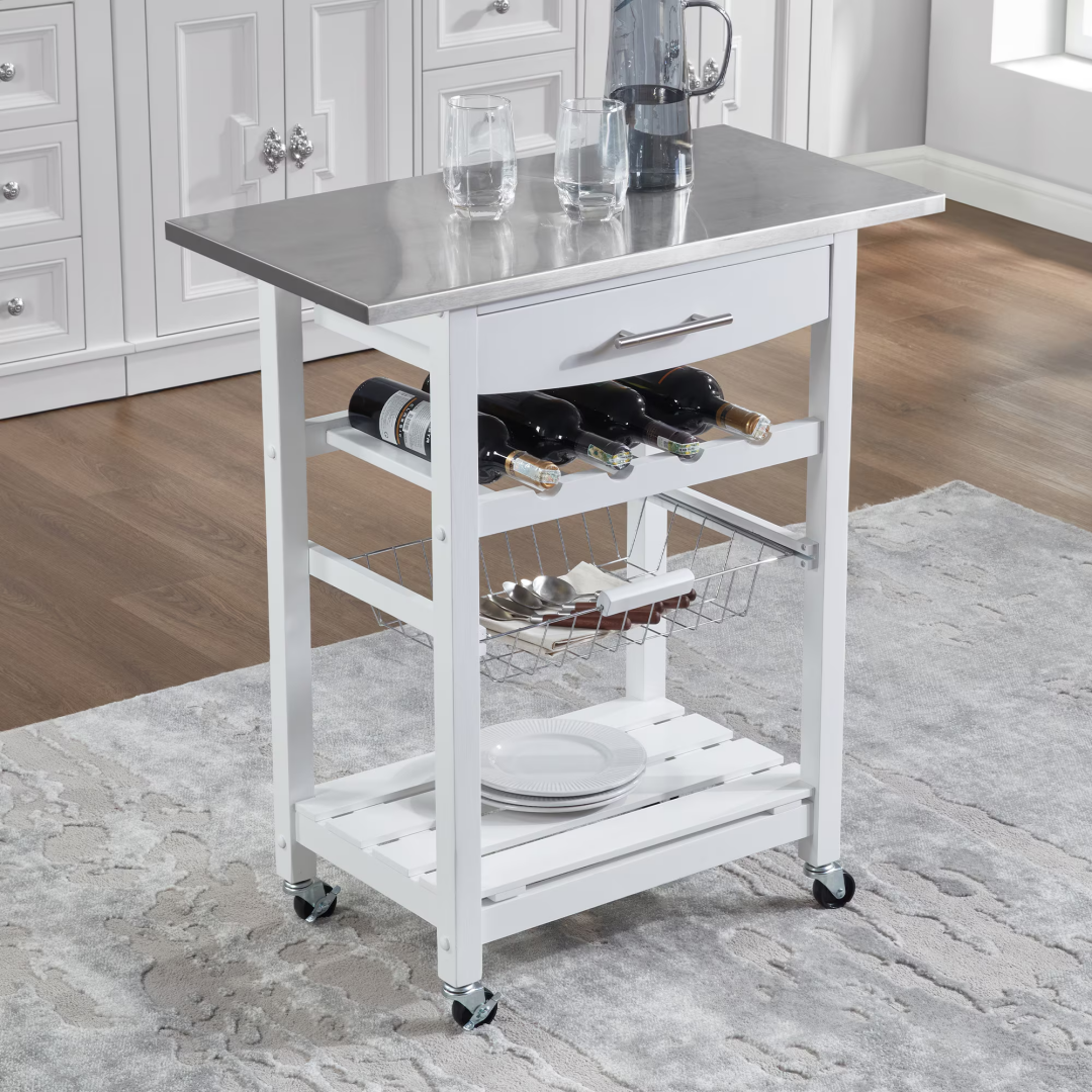 Mobile Rolling Kitchen Island Trolley Serving Cart With Underneath Drawer & Slide-Out Wire Storage Basket