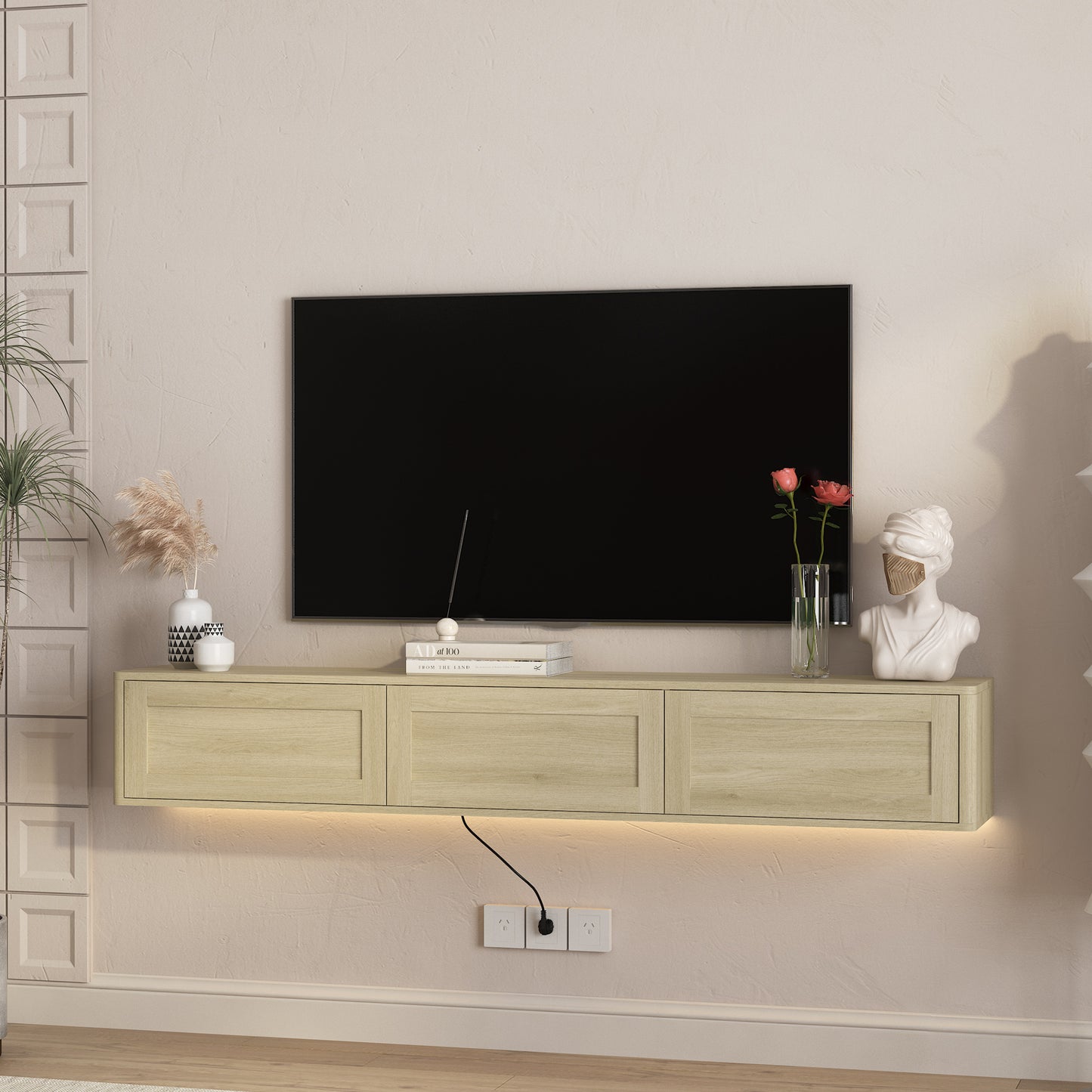 Floating TV Stand, Wall Mounted TV Shelf With Led Lights & Power Outlet,High Gloss TV Cabinet For Wood Tv Stands For Living Room