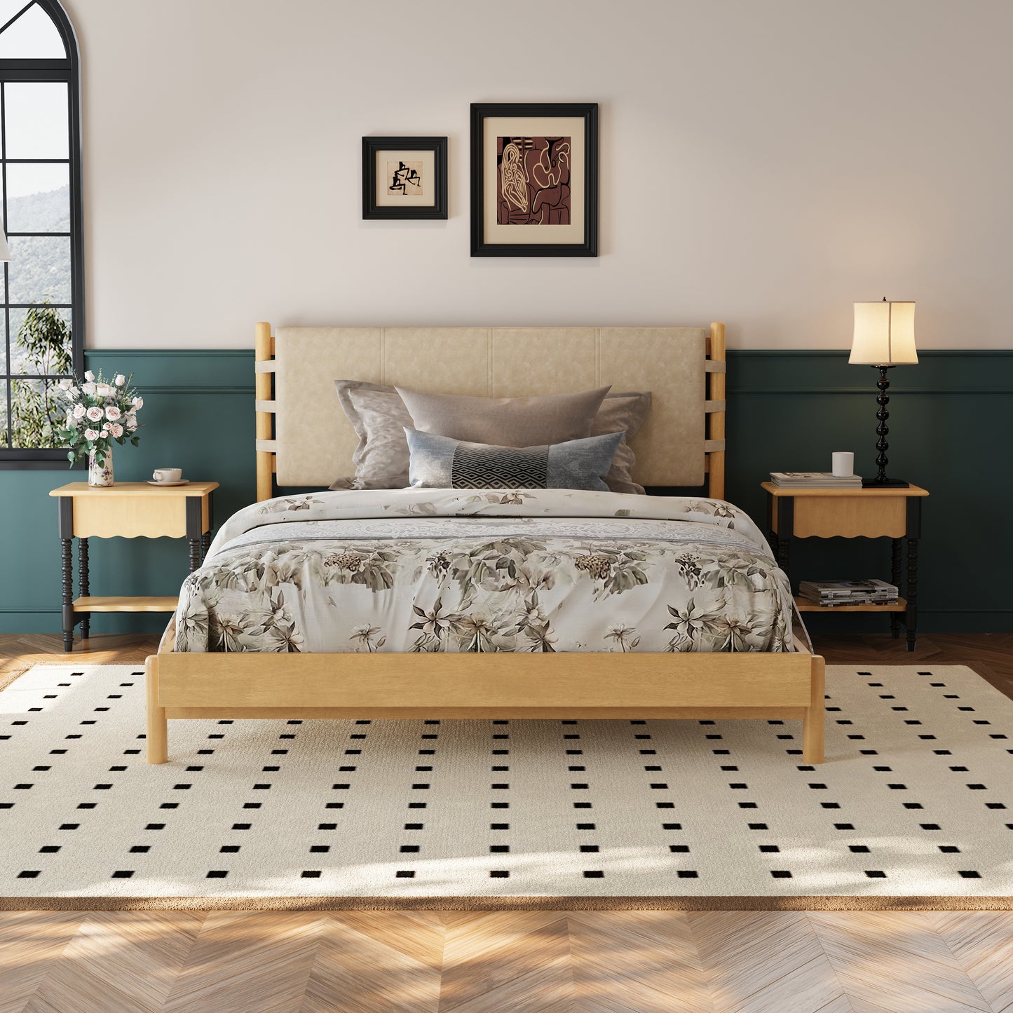 Premium Rubber Wood Platform Bed Frame, Queen Bed Frame With Headboard Included, Mid Century Modern Bed With Beige Color