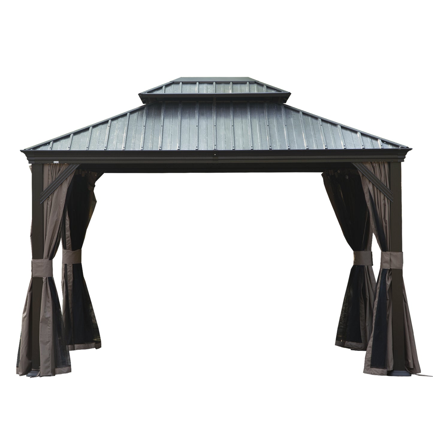 10  X 12  Hardtop Gazebo, Upgraded Metal Gazebo With Drainage System, Dual-Layer Galvanized Steel Roof, Curtain And Netting, Outdoor Shelter Canopy For Patio, Garden, And Backyard, Brown
