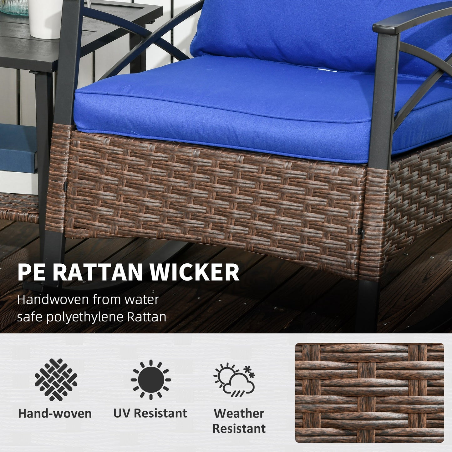 3 Piece Patio Rocking Chair Set, Outdoor Wicker Bistro Set With 2 Oversize Cushioned Porch Rockers And 2 Tier Coffee Table For Garden, Porch, Backyard, Blue
